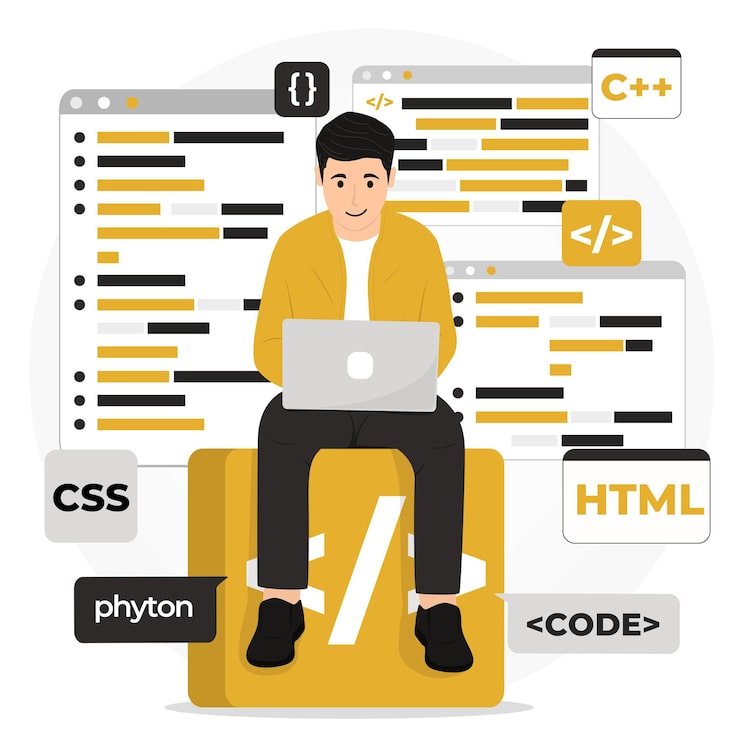 Vector programmer coding for software development concept developer engineer coding with laptop sit