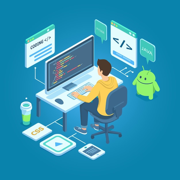 Vector vector programming platform and coding isometric illustration