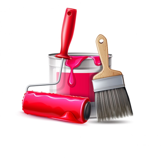 vector realistic wall painter tool brush, roller and bucket with pink paint