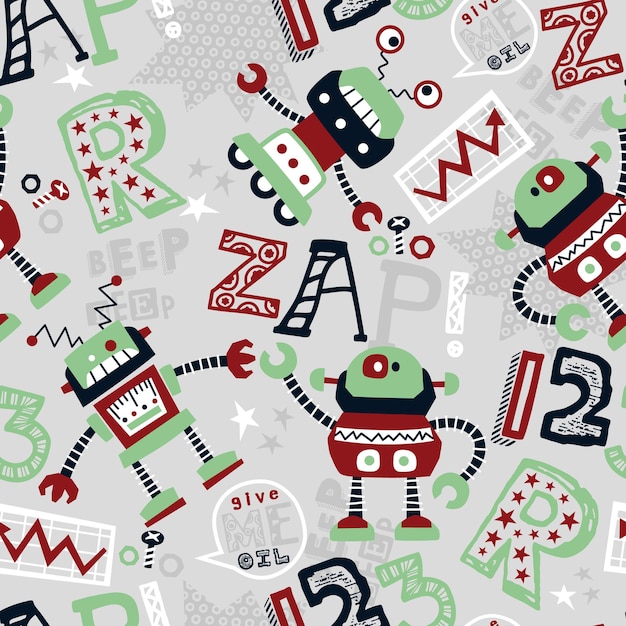 Vector vector seamless pattern of funny robots