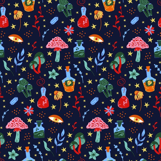 Vector vector seamless pattern on a magical theme with mushrooms herbs and witch spells