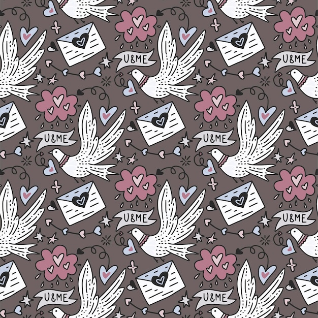 Vector vector seamless pattern with cute white doves letters of love and hearts