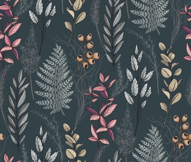 Vector vector seamless pattern with dried flowers leaves and branches endless floral background
