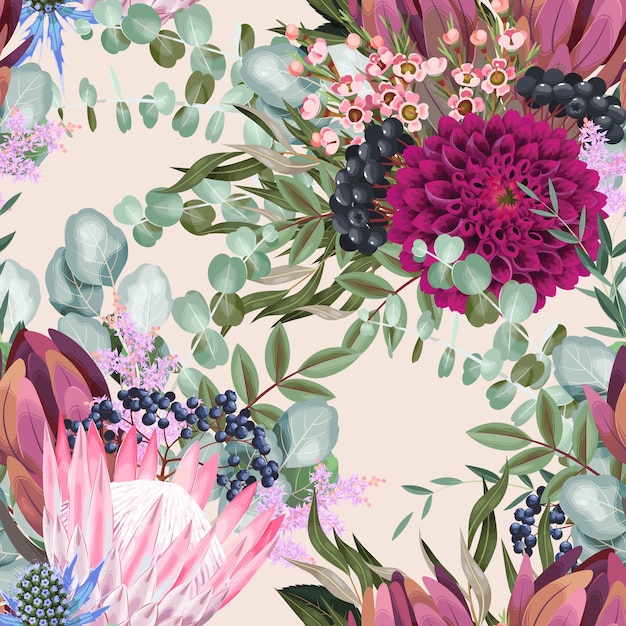 Vector vector seamless pattern with high detailed protea flowers and foliage on white background