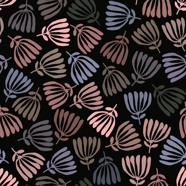 Vector vector seamless pattern with umbrella plants using collage technique on a black background