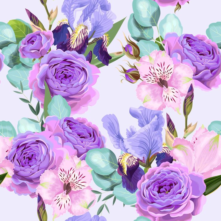 Vector seamless pattern with violet roses and iris