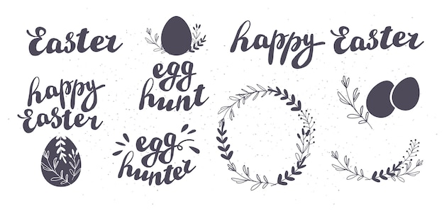 Vector vector set of happy easter egg hunt congratulation isolated on white background. collection of hand drawn inscriptions and decorative elements for holiday cards, patterns, gift decor, prints, tag etc.