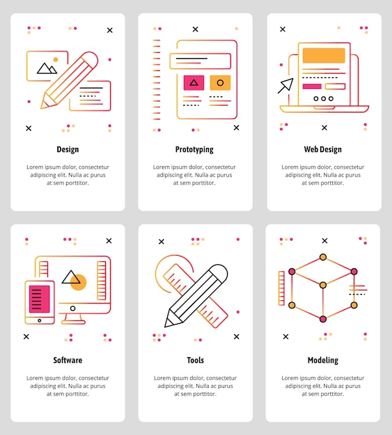 Vector vector set of mobile app onboarding screens design prototyping web design software tools modeling web templates and banners thin line art style design icons for website menu