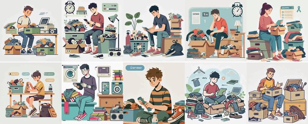 Vector vector set of a teenager sorting old stuff in a simple flat design style