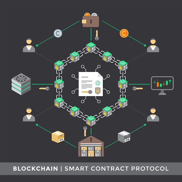 Vector vector smart contract protocol algorithm distributed network principal scheme infographic blockchain technology digital business concept illustration