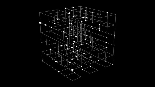 Vector vector space cube network connection structure cyberspace with moving particles in closed room big data visualization abstract cyber security background