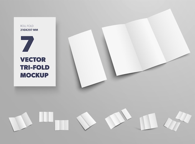 Vector vector standard booklet template isolated on gray background, front and back view, for presentation of design and pattern. mockup of empty open, closed roll fold booklets with realistic shadows. set