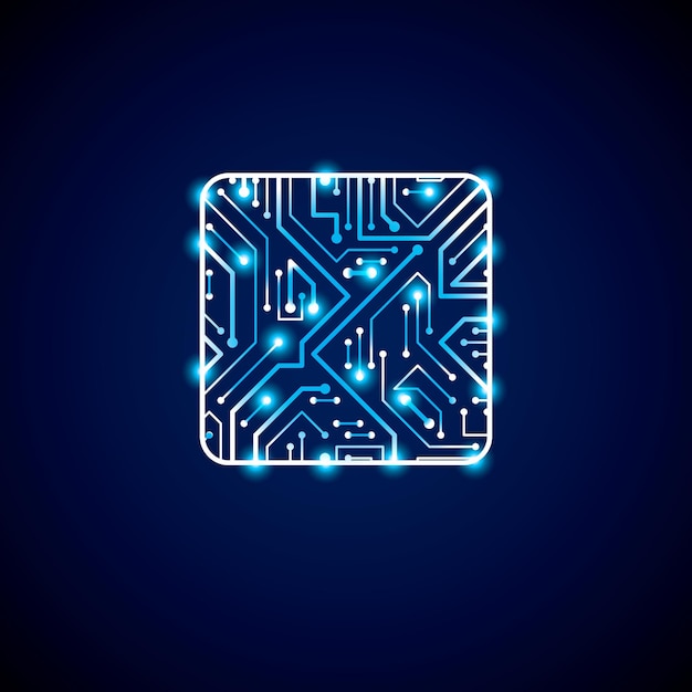 Vector vector technology cpu design with square blue luminescent microprocessor scheme. computer circuit board, digital element with flash effect.