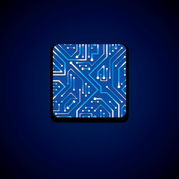 Vector vector technology cpu design with square blue luminescent microprocessor scheme. computer circuit board, digital element with flash effect.