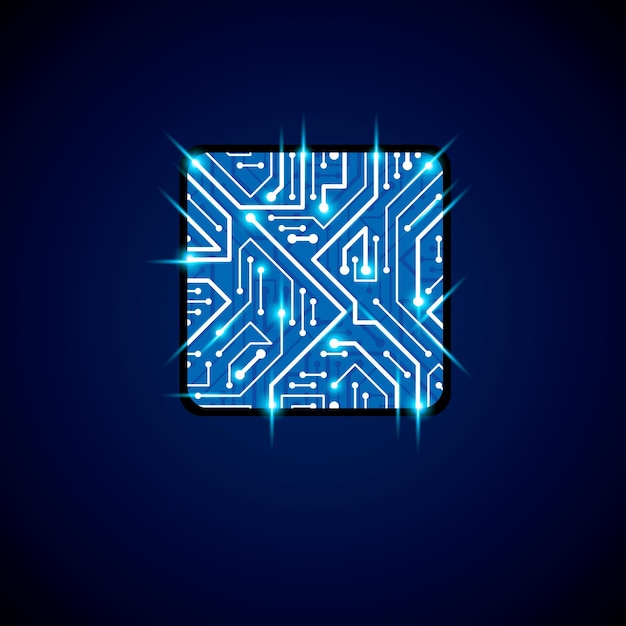 Vector vector technology cpu design with square blue neon luminescent microprocessor scheme. computer circuit board, digital element with flash effect.