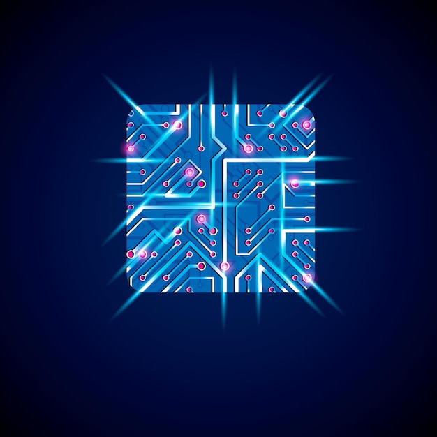 Vector vector technology cpu design with square luminescent microprocessor scheme. computer circuit board, blue neon digital element with flash effect.