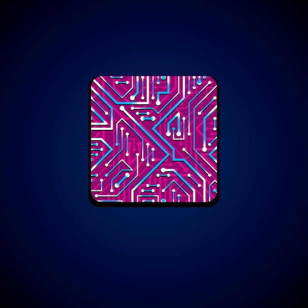 Vector vector technology cpu design with square luminescent microprocessor scheme. computer circuit board, digital element with flash effect, magenta.
