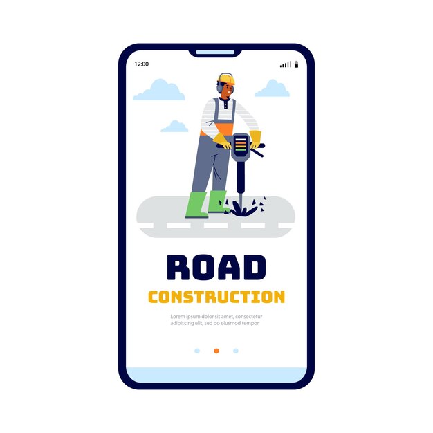 Vector vector template onboarding for application with worker repairing road and text road construction fla...