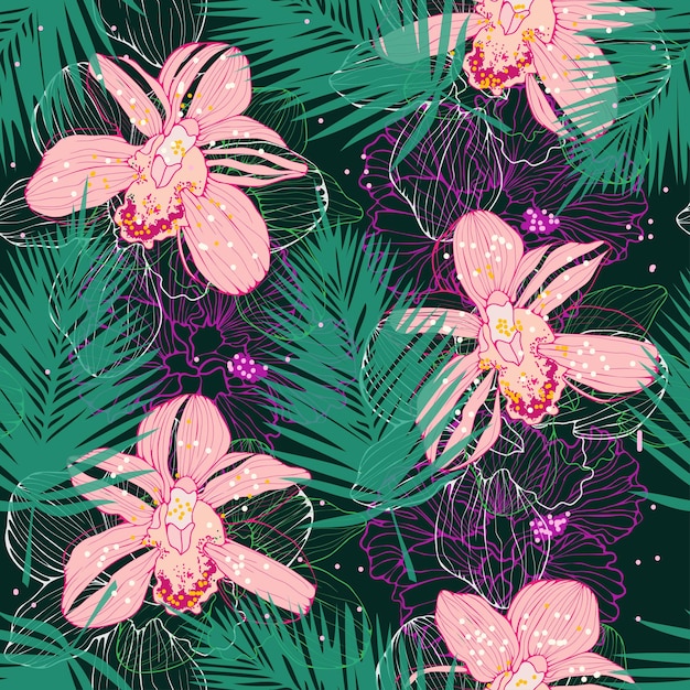 Vector vector tropical pattern with pink orchids and palm leaves