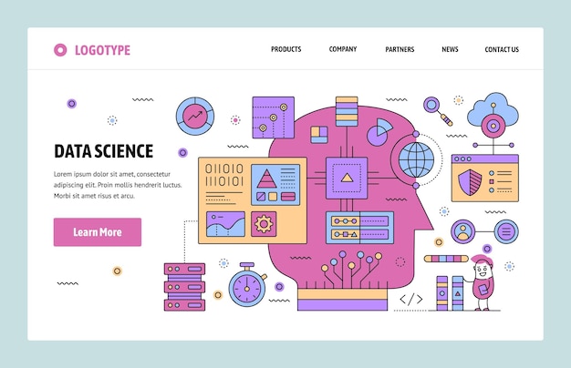 Vector vector web site linear art design template data science and machine learning ai computer network landing page concepts for website and mobile development