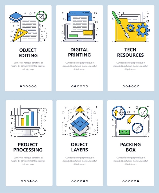 Vector vector web site linear art onboarding screens template computer services and objects printing folder computer processing and layers menu banners for website and mobile app development