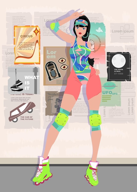 Vector vector with illustration 80s style of roller skater editable template