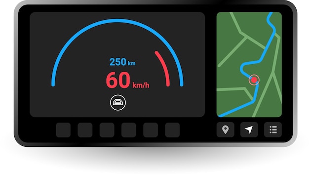 Vector vehicle dashboard ui with speedometer and navigation map