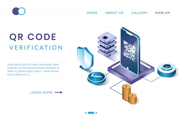 Vector verify the qr code using the app on a smartphone with the concept of isometric landing pages and web headers