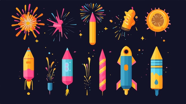Vector vibrant colorful firecrackers flat illustration set