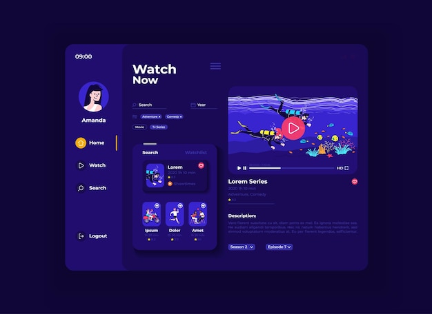 Vector video blogging service tablet interface vector template. mobile app page night mode design layout. user profile screen. flat ui for application. new streams and posts on portable device display.