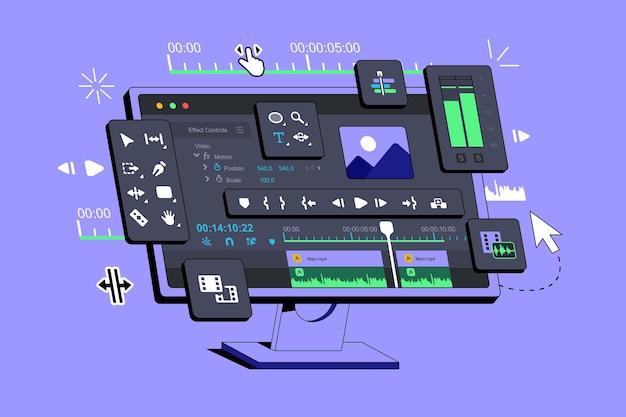 Vector video editor program is displayed on the computer application for editing video clips film montage