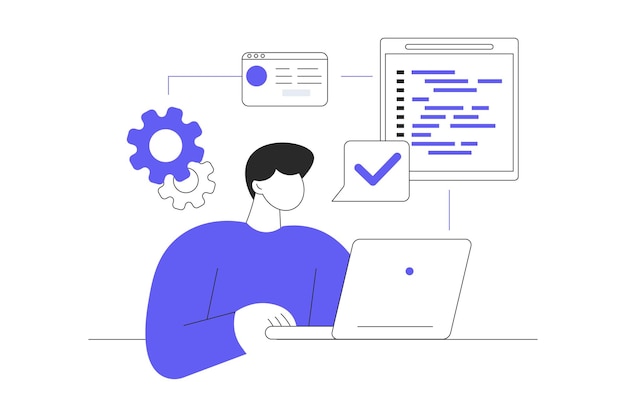 Vector video game developer web concept man creating new game project programming and coding algorithm