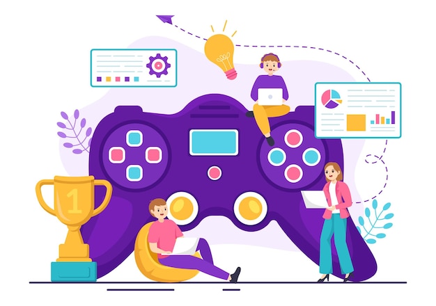 Vector video game development vector illustration with games programming and coding in hand drawn templates