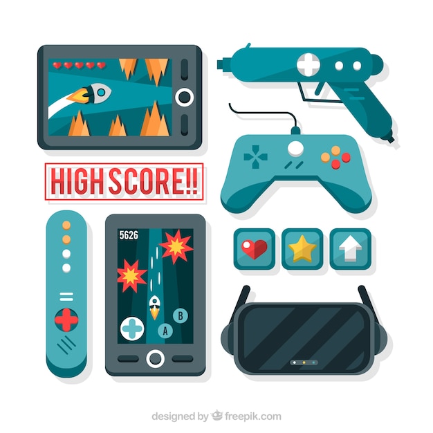 Vector video games and controllers in flat design 