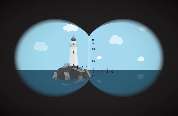 Vector view from the binoculars on lighthouse at rocks in the sea