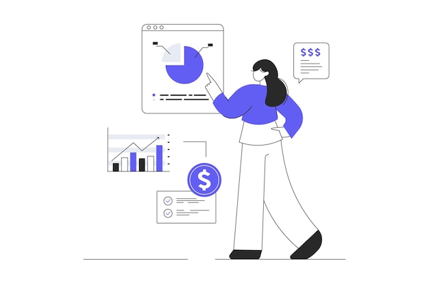 Vector virtual finance data science woman making research of statistics and analyzes datum at web pages