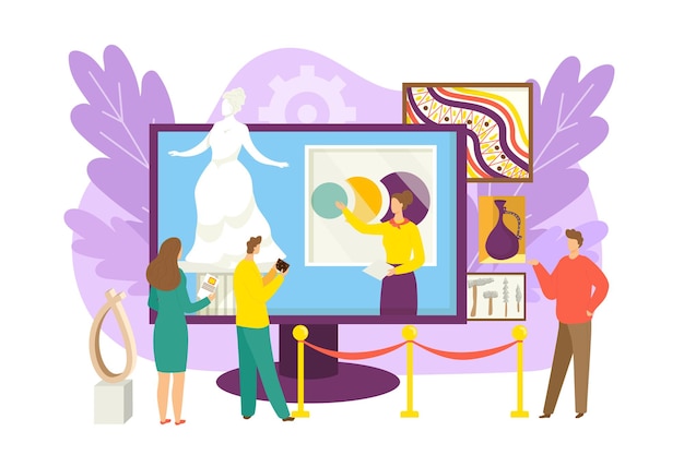 Vector virtual gallery people at online exhibition technology illustration