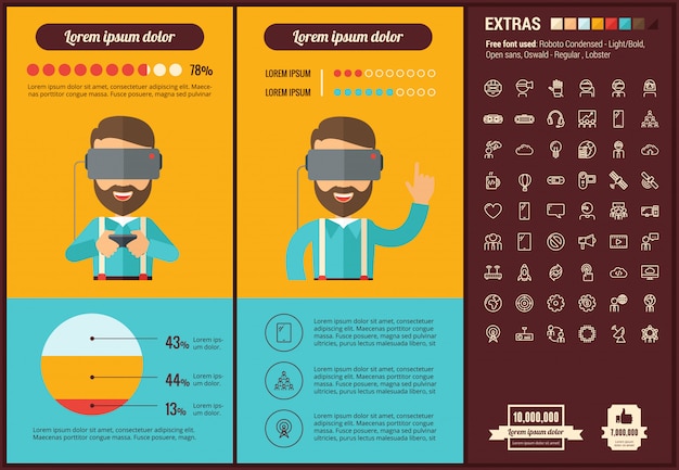 Vector virtual reality flat design infographic template and icons set