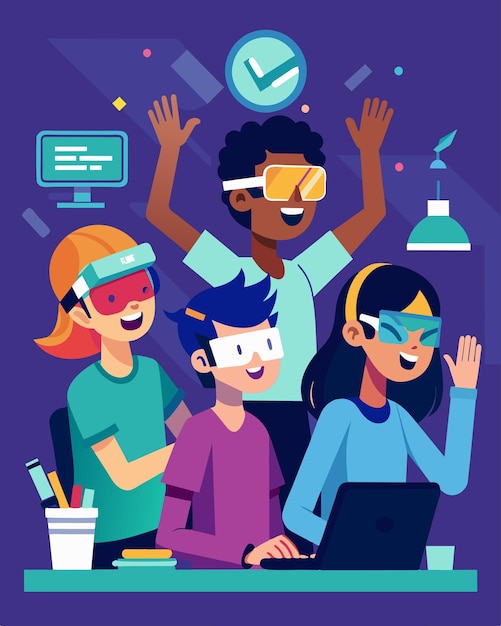 Vector in a virtual reality lab a group of teens excitedly experiment with coding and programming to design