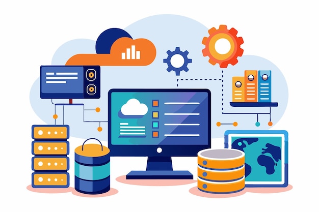 Vector a visual representation of cloud data storage systems and management tools on a desktop screen online database cloud disk data storage information base computer applications