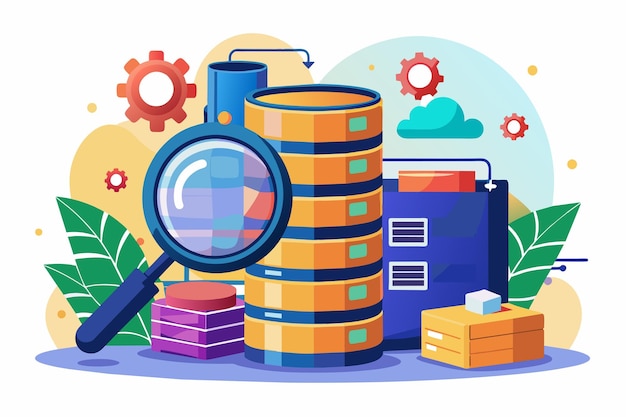 Vector visual representation of data analysis and backup processes using various technologies and tools backup and analyze large amounts of data using a simple illustration