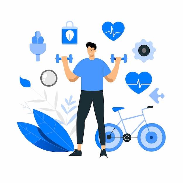 Vector visually stunning illustration depicting a healthy way of living consisting of organic produce exercise and meditation