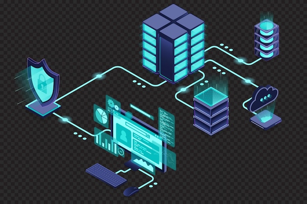 Vector vpn protection with a shield virtual private network security technology concept cyber security isometric technology