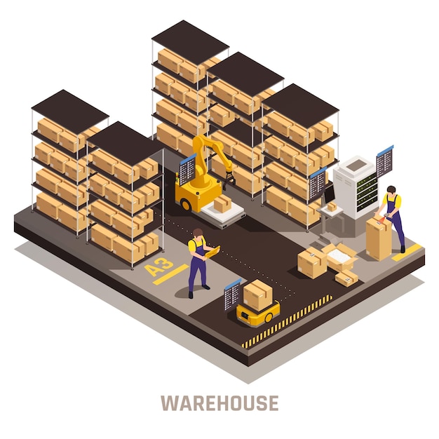 Vector warehouse automated storage process with efficient find track retrieve load cargo computerized system isometric composition