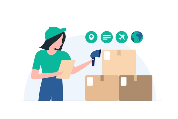 Vector warehouse worker labeling boxes illustration