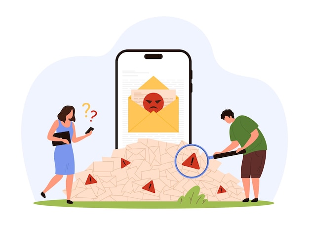 Vector warning scam and spam notification in mobile app people looking through magnifying glass