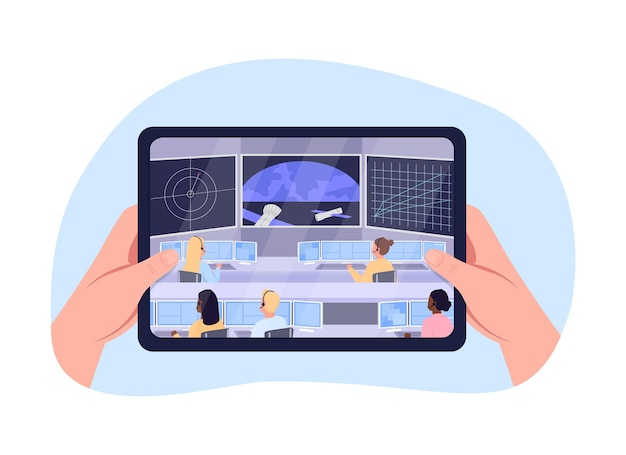 Vector watching space station video 2d vector isolated illustration