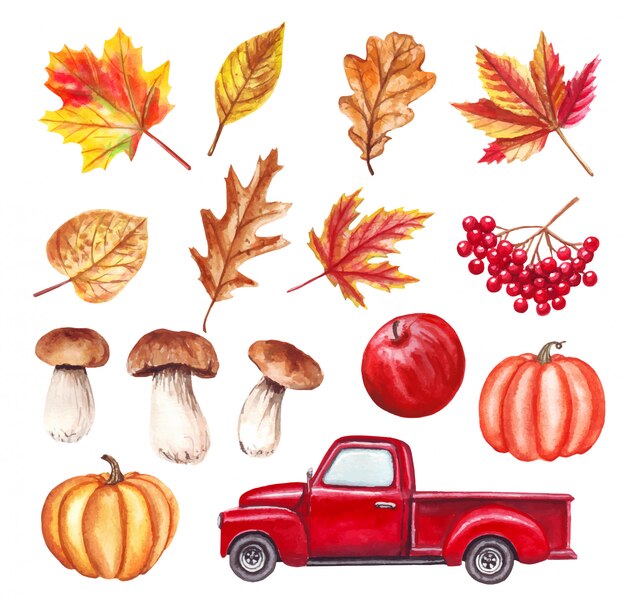 Vector watercolor autumn set with red truck, leaves, pumpkins, mushrooms, apple, fall yall