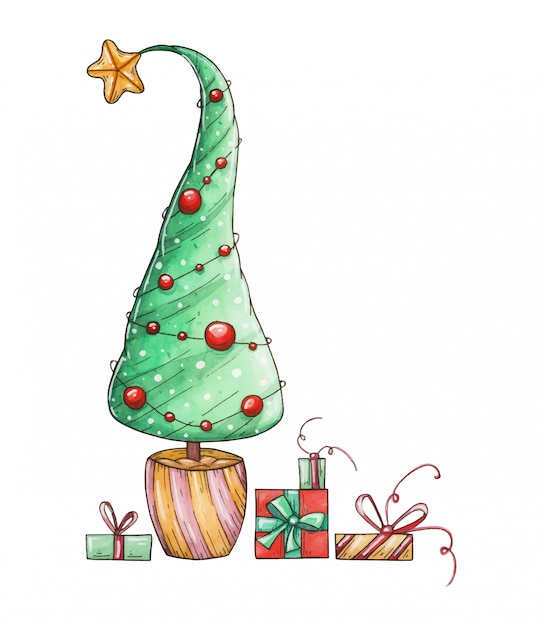 Vector watercolor christmas tree and gifts. christmas illustration hand drawn