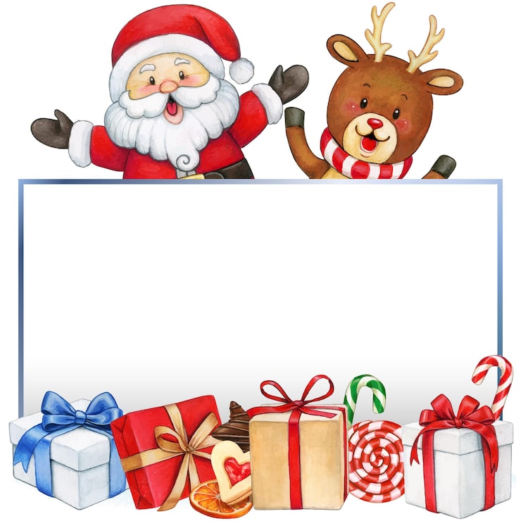 Vector watercolor cute santa with reindeer and gift boxes